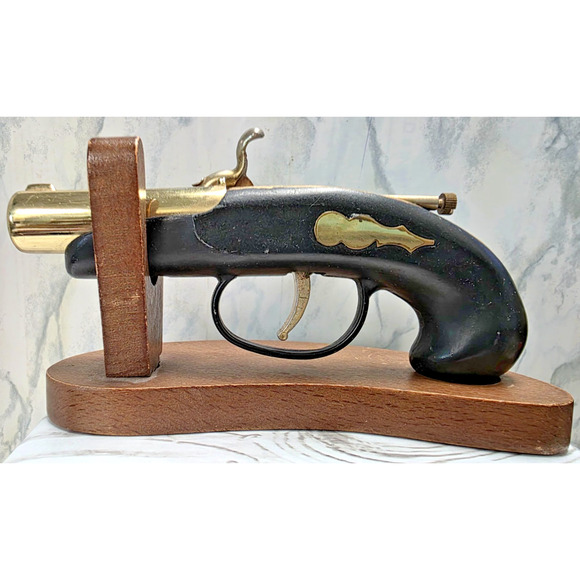 Gun Pistol Lighter Flintlock Table Lighter Cigarette, Novelty with Wood Stand - Picture 2 of 15